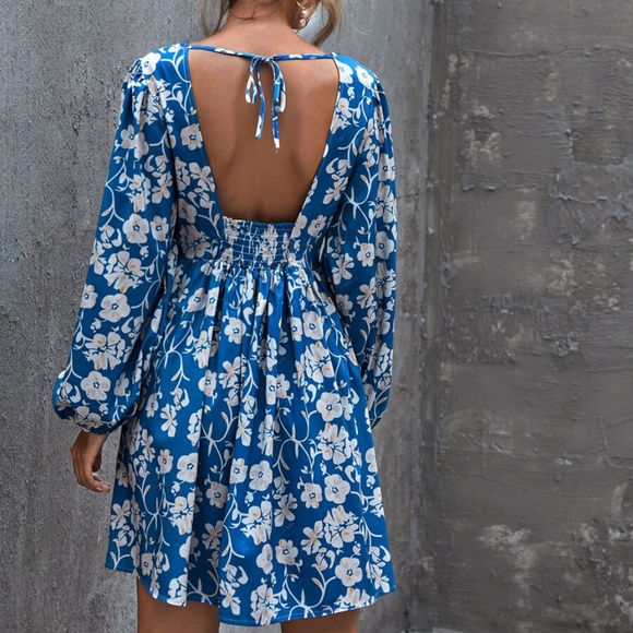 V neck open back floral print mini dress - BRICK - Picture 4 of 16